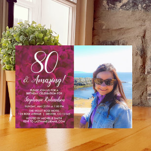 80 and Amazing Red Rose Photo Birthday Invitation