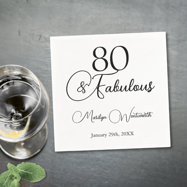 80 and Fabulous 80th Birthday Black Script  Napkins (Creator Uploaded)
