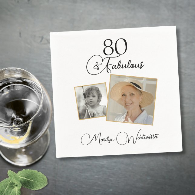 80 and Fabulous 80th Birthday Black Script Photo Napkins (Creator Uploaded)
