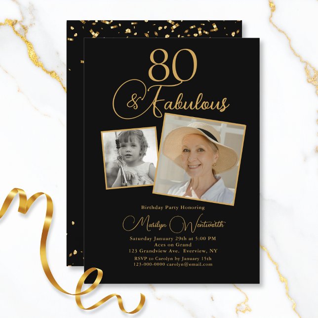 80 and Fabulous 80th Birthday Gold Script 2 Photo Invitation (Creator Uploaded)