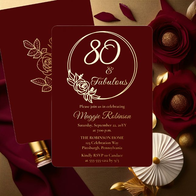 80 and Fabulous 80th Birthday Party Stamped Foil Invitation (Elegant Rose Wreath 80 and Fabulous 80th Birthday Party Burgundy Stamped Gold Foil Invitation )