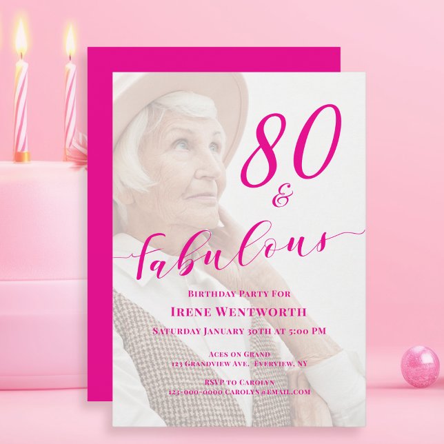 80 and Fabulous Birthday Pink Photo Overlay Script Invitation (Creator Uploaded)
