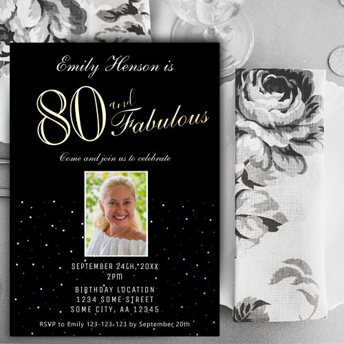 80 and Fabulous Black 80th Birthday Gold Foil Invitation
