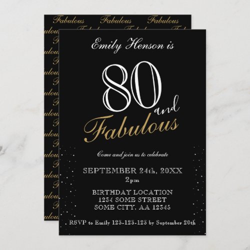 80 and Fabulous Black Elegant Script Birthday Invitation - 80 and Fabulous Black Elegant Script Birthday Invitation. Black elegant birthday party invitation. Fabulous pattern is on the backside. Customize the text on the invitation. Great for a woman`s 80th birthday party.