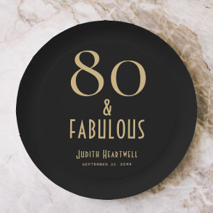 80 and Fabulous Black Gold 80th Birthday Party Paper Plates