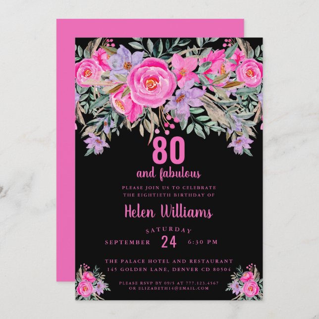 80 and fabulous black pink 80th birthday invitation (Front/Back)