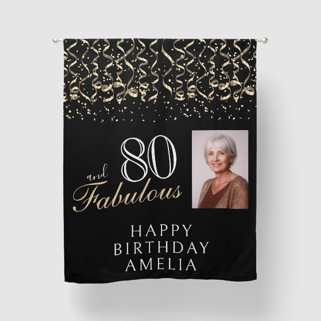 80 and Fabulous Confetti Black 80th Birthday Photo Blackout Curtains (Front)