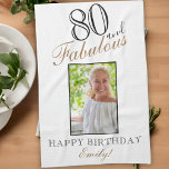 80 and Fabulous Elegant 80th Birthday Photo Kitchen Towel<br><div class="desc">80 and Fabulous Elegant 80th Birthday Photo kitchen towel. Elegant script in black and golden colors. Add your name and photo.</div>