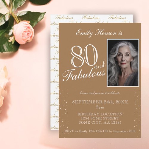 80 and Fabulous Elegant Beige Photo Birthday  Invitation