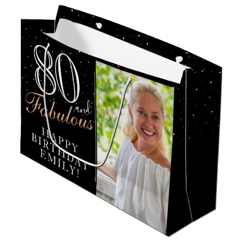 80 and Fabulous Elegant Black 80th Birthday Photo Large Gift Bag