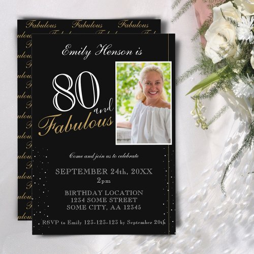 80 and Fabulous Elegant Black Photo Birthday Invitation