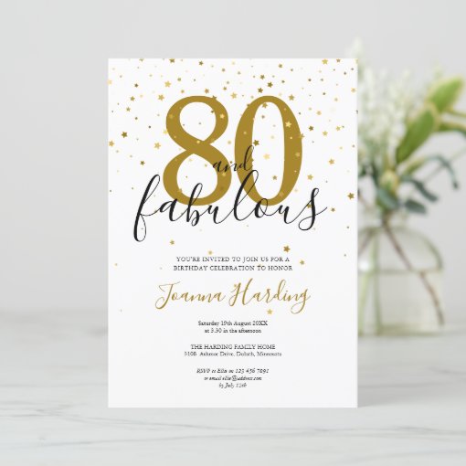 80 and Fabulous Elegant Gold and Black Birthday Invitation | Zazzle