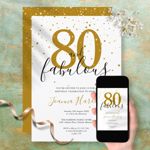 80 and Fabulous Elegant Gold and Black Birthday Invitation