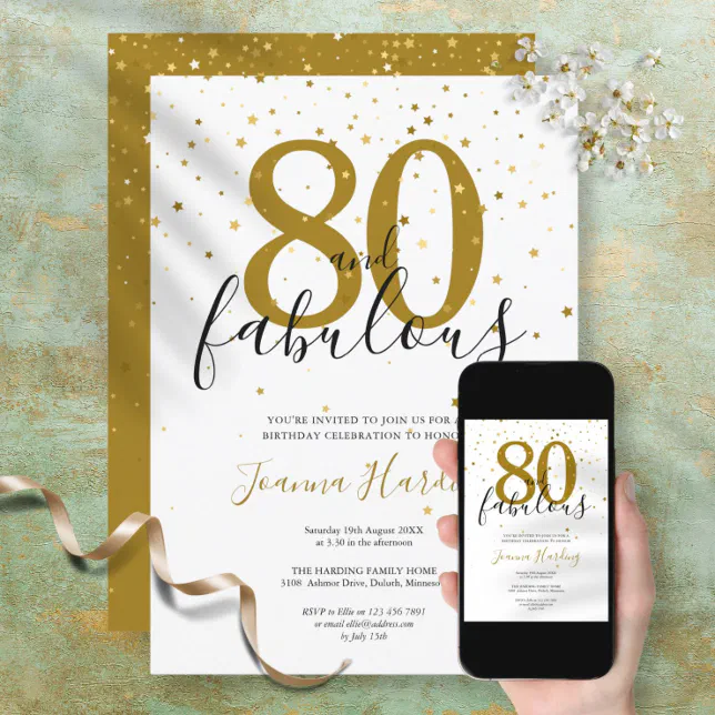 80 and Fabulous Elegant Gold and Black Birthday Invitation | Zazzle