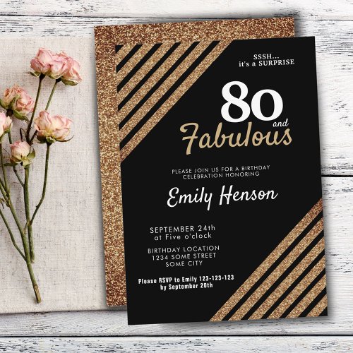 80 and Fabulous Elegant Gold Glitter 80th Birthday Invitation