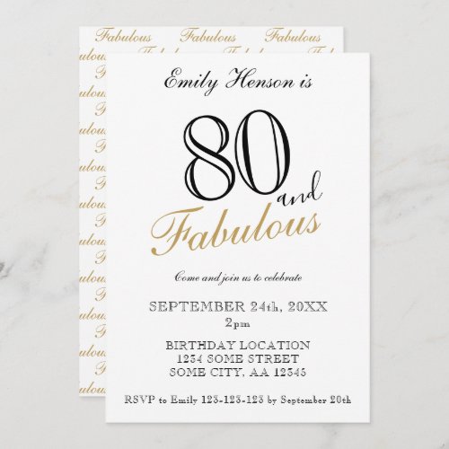 80 and Fabulous Elegant Script Birthday  Invitation - 80 and Fabulous Elegant Script Birthday Invitation. Elegant birthday party invitation. Fabulous pattern is on the backside. Customize the text on the invitation. Great for a woman`s 80th birthday party.