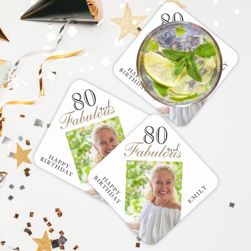 80 and Fabulous Elegant Script Photo 80th Birthday Square Paper Coaster