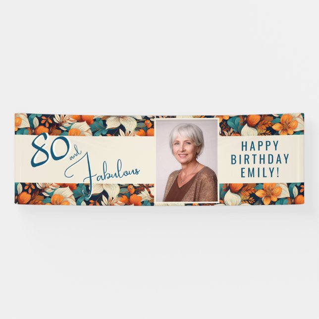 80 and Fabulous Flower Pattern Birthday Photo Banner (Horizontal)