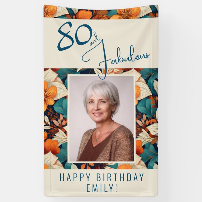 80 and Fabulous Flower Pattern Birthday Photo Banner (Vertical)