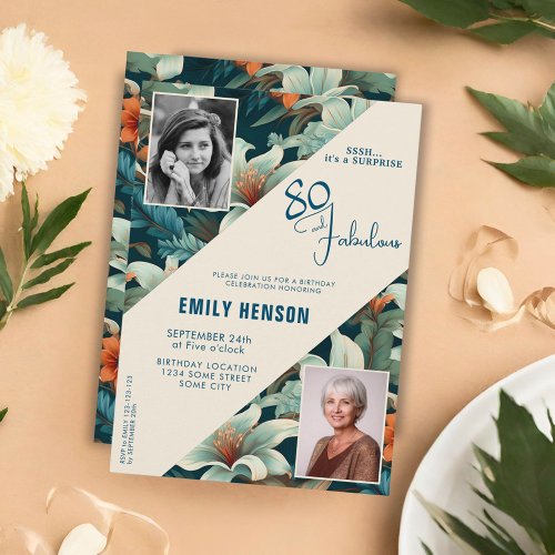 80 and Fabulous Flower Pattern Birthday Photo Invitation