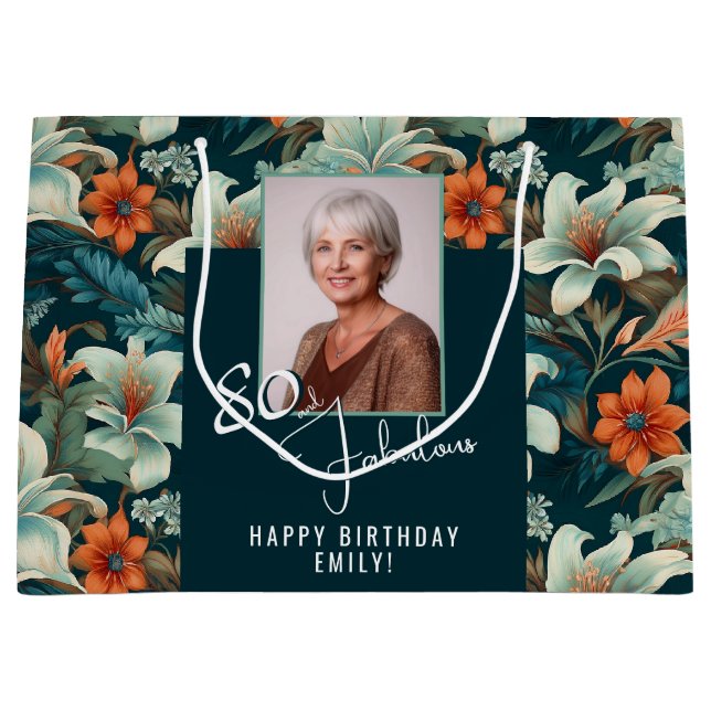 80 and Fabulous Flower Pattern Birthday Photo Large Gift Bag (Front)
