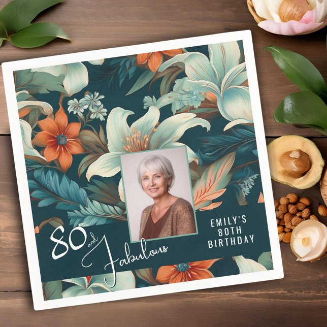 80 and Fabulous Flower Pattern Birthday Photo Napkins (Creator Uploaded)