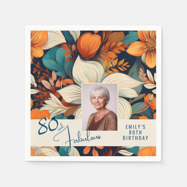 80 and Fabulous Flower Pattern Birthday Photo Napkins (Front)