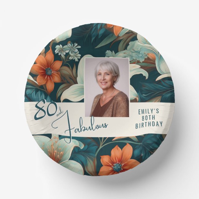 80 and Fabulous Flower Pattern Birthday Photo Paper Bowls (Front)