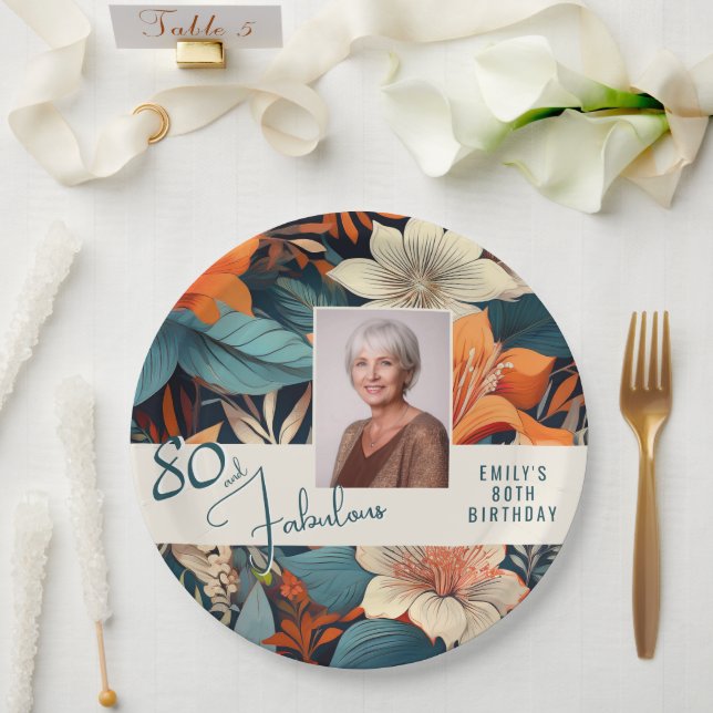 80 and Fabulous Flower Pattern Birthday Photo Paper Plates (Wedding)
