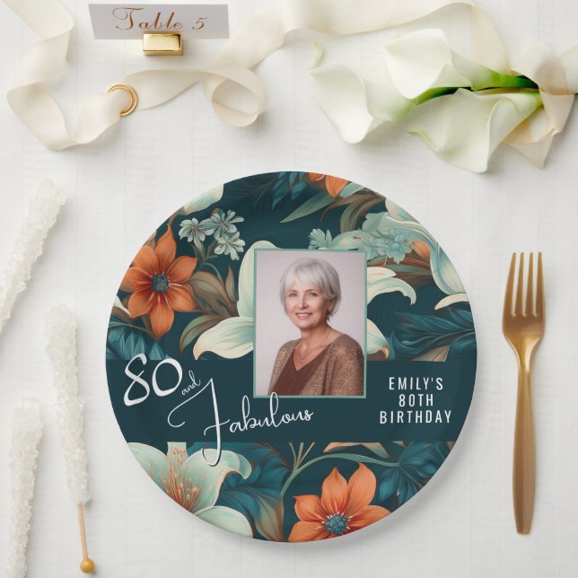 80 and Fabulous Flower Pattern Birthday Photo Paper Plates (Wedding)