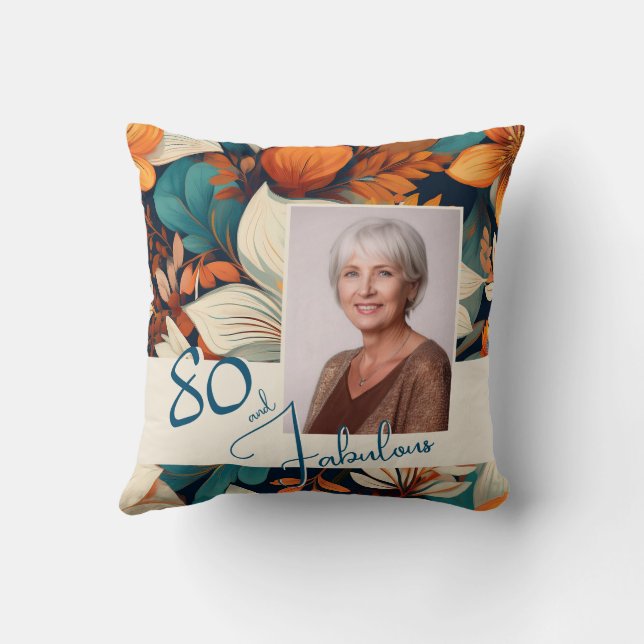 80 and Fabulous Flower Pattern Birthday Photo Throw Pillow (Back)