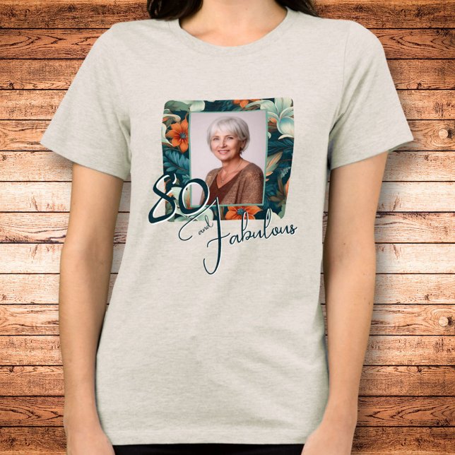 80 and Fabulous Flower Pattern Birthday Photo Tri-Blend Shirt (Creator Uploaded)