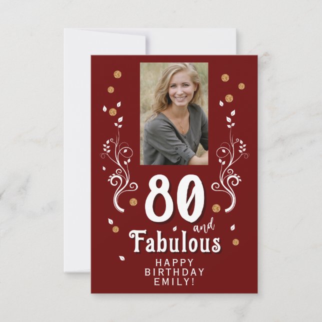 80 and Fabulous Foliage Red 80th Birthday Photo Card (Front)