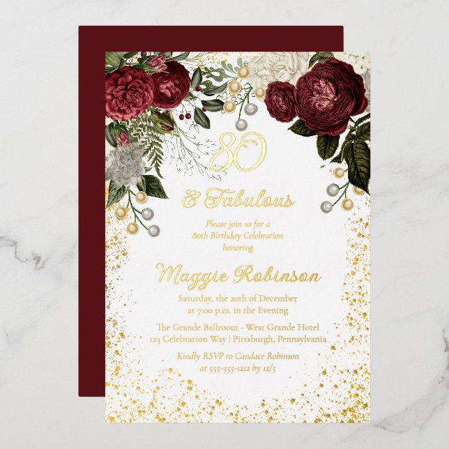 80 and Fabulous Glam Rose Floral Birthday Party  Foil Invitation (Front/Back)