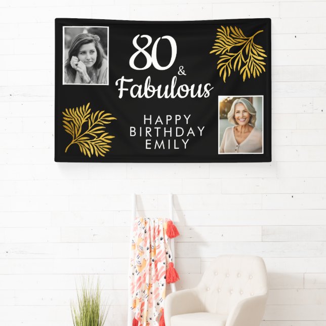 80 and Fabulous Gold Foliage 2 Photo 80th Birthday Banner (Insitu)