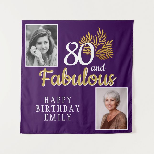 80 and Fabulous Gold Foliage 2 Photo Birthday  Tapestry (Front)