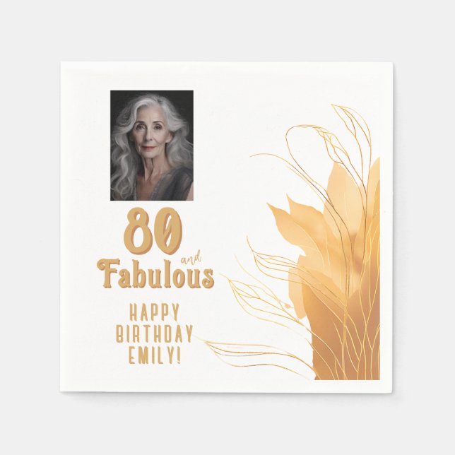 80 and Fabulous Gold Foliage 80th Birthday Photo Napkins (Front)