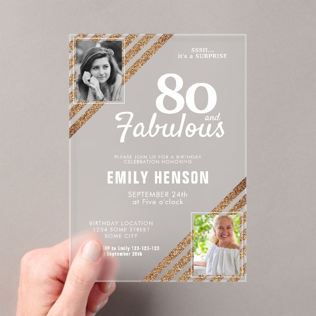 80 and Fabulous Gold Glitter 2 Photo 80th Birthday Acrylic Invitations (Insitu (Handheld))