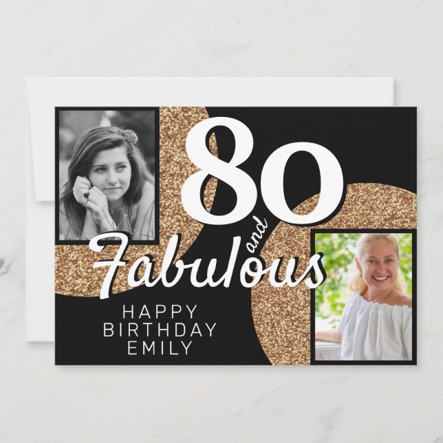 80 and Fabulous Gold Glitter 2 Photo 80th Birthday Card (Front)