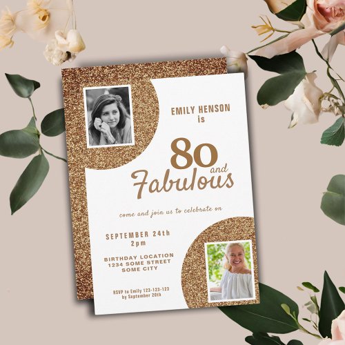 80 and Fabulous Gold Glitter 2 Photo 80th Birthday Invitation