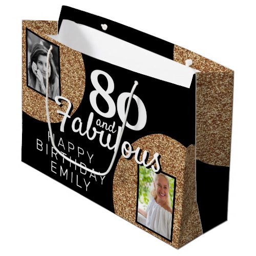 80 and Fabulous Gold Glitter 2 Photo 80th Birthday Large Gift Bag