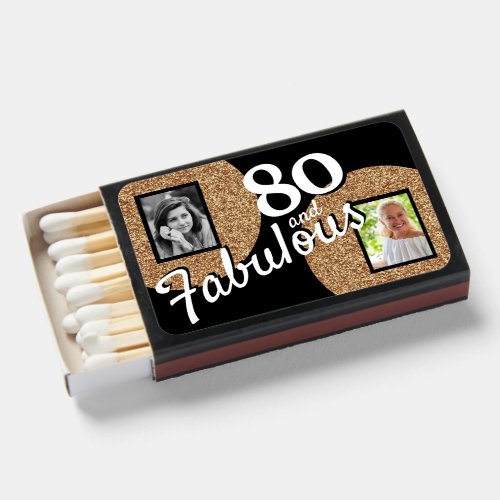 80 and Fabulous Gold Glitter 2 Photo 80th Birthday Matchboxes