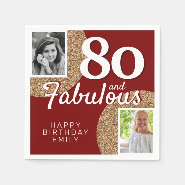 80 and Fabulous Gold Glitter 2 Photo 80th Birthday Napkins (Front)