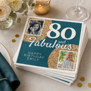 80 and Fabulous Gold Glitter 2 Photo 80th Birthday Napkins