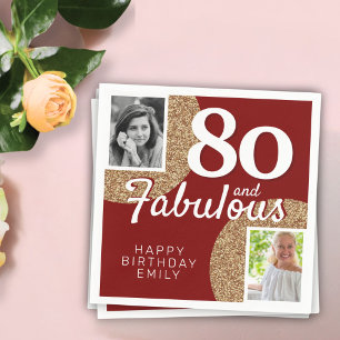 80 and Fabulous Gold Glitter 2 Photo 80th Birthday Napkins