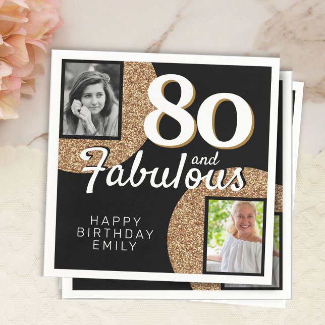 80 and Fabulous Gold Glitter 2 Photo 80th Birthday Napkins (Creator Uploaded)