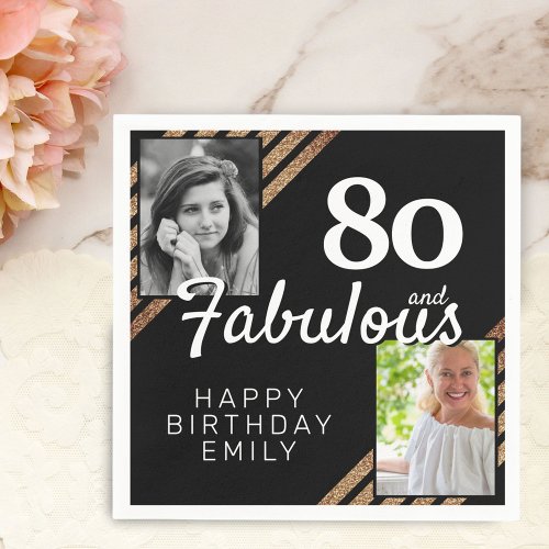 80 and Fabulous Gold Glitter 2 Photo 80th Birthday Napkins