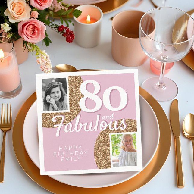 80 and Fabulous Gold Glitter 2 Photo 80th Birthday Napkins (Creator Uploaded)