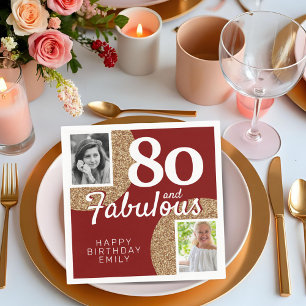 80 and Fabulous Gold Glitter 2 Photo 80th Birthday Napkins
