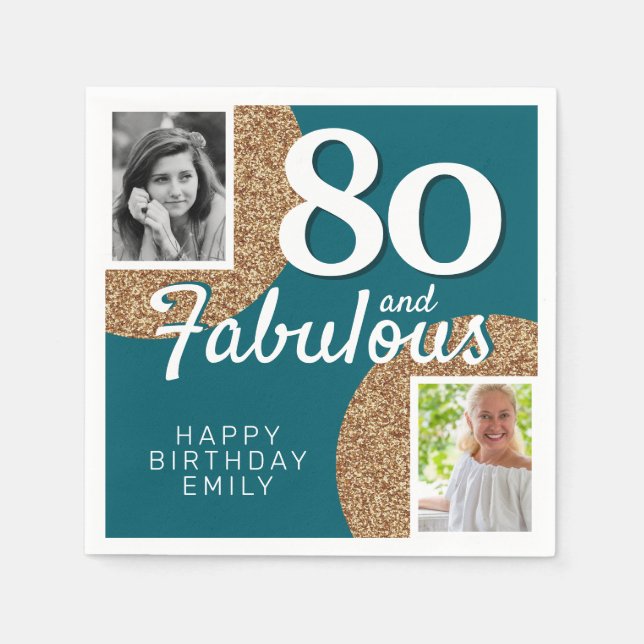 80 and Fabulous Gold Glitter 2 Photo 80th Birthday Napkins (Front)